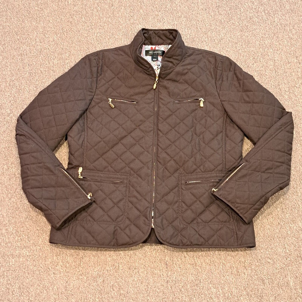 ST JOHN‎ COLLECTION Jacket Womens Small Brown Quilted Silk Lined Coat Pockets